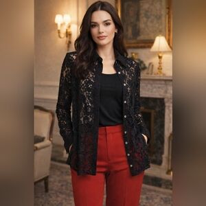 Soft Surroundings Women L Black Floral Lace Scalloped Mobwife Flirty Gothic NWOT